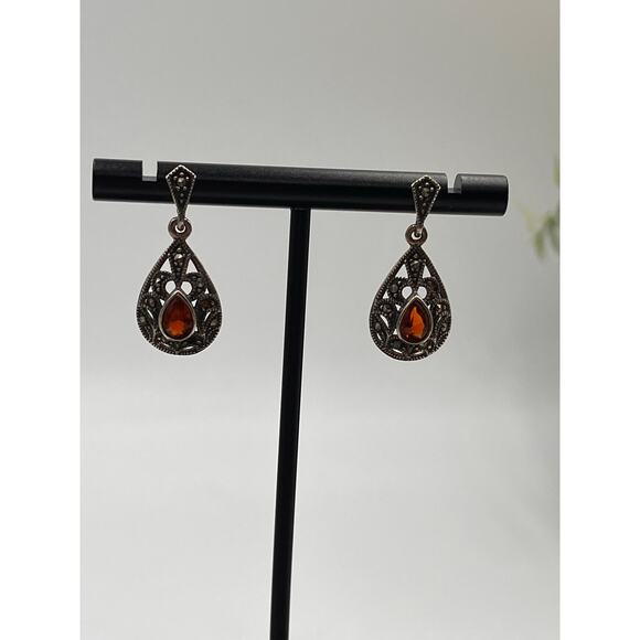 Vintage Sterling Silver Marcasite Red Stone Dangle Earrings India 6.4 grams - Picture 3 of 8